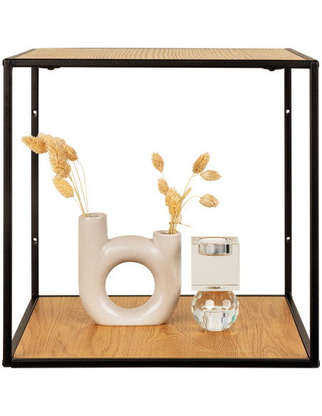 Petite Étagère murale moderne 2 niveaux Métal Noir Panneau de particules Feuille de mélamine Naturel Effet chêne Vita 