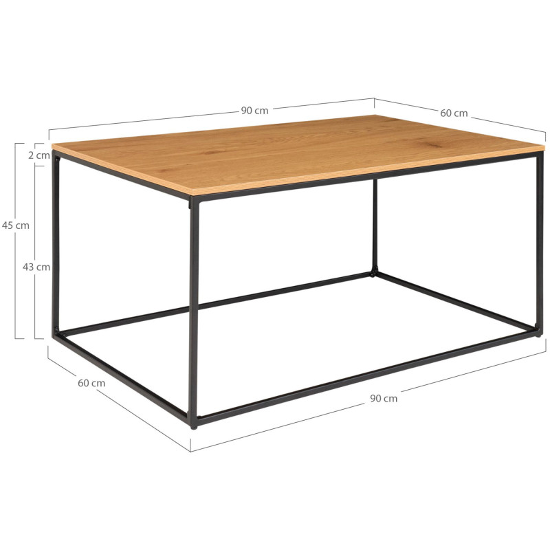 Table basse moderne Rectangulaire Métal Noir Panneau de particules Feuille de mélamine Naturel Effet chêne Vita 