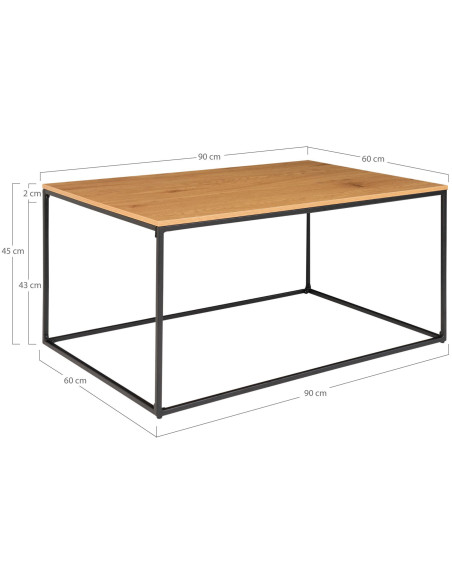 Table basse moderne Rectangulaire Métal Noir Panneau de particules Feuille de mélamine Naturel Effet chêne Vita 