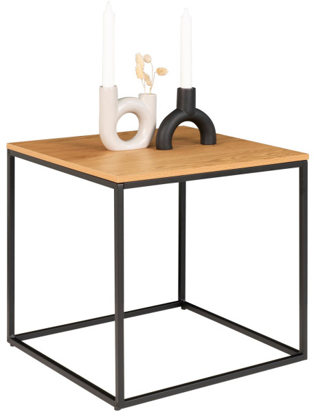 Table d'appoint moderne Carrée Métal Noir Panneau de particules Feuille de mélamine Naturel Effet chêne Vita 