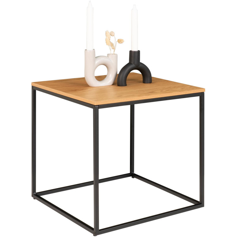 Table d'appoint moderne Carrée Métal Noir Panneau de particules Feuille de mélamine Naturel Effet chêne Vita 