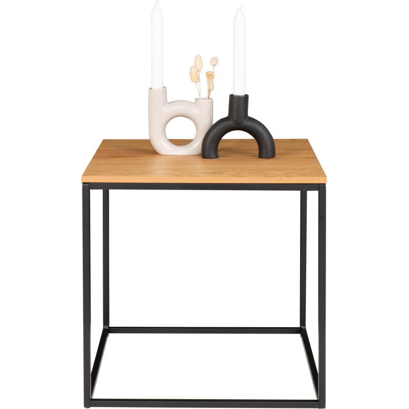 Table d'appoint moderne Carrée Métal Noir Panneau de particules Feuille de mélamine Naturel Effet chêne Vita 