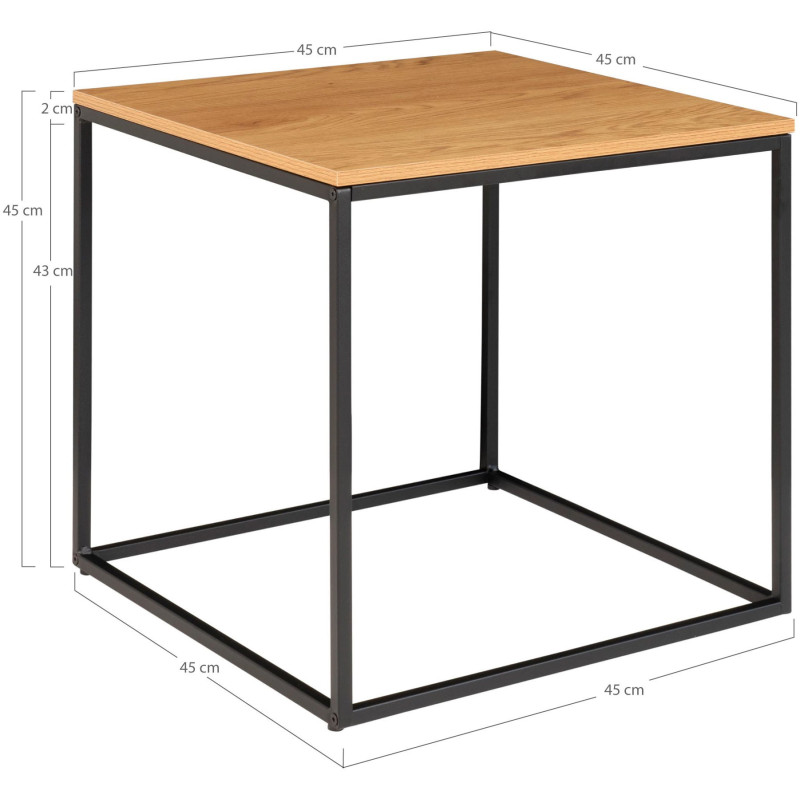 Table d'appoint moderne Carrée Métal Noir Panneau de particules Feuille de mélamine Naturel Effet chêne Vita 