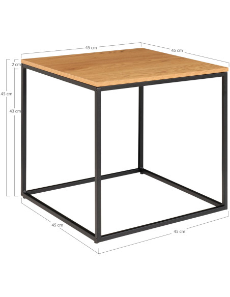 Table d'appoint moderne Carrée Métal Noir Panneau de particules Feuille de mélamine Naturel Effet chêne Vita 