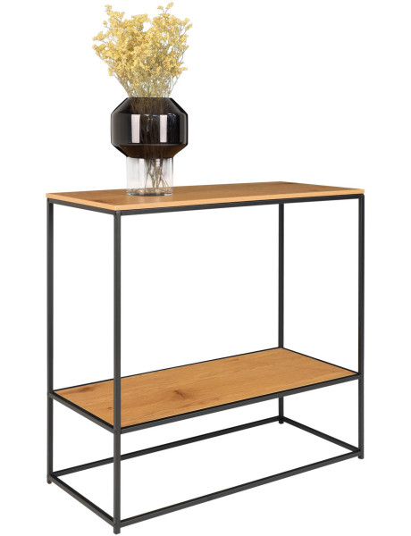 Console moderne Rectangulaire 1 étagère Métal Noir Panneau de particules Feuille de mélamine Naturel Effet chêne Vita 