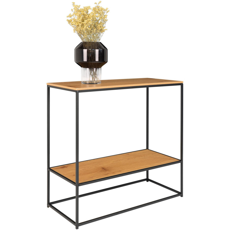 Console moderne Rectangulaire 1 étagère Métal Noir Panneau de particules Feuille de mélamine Naturel Effet chêne Vita 