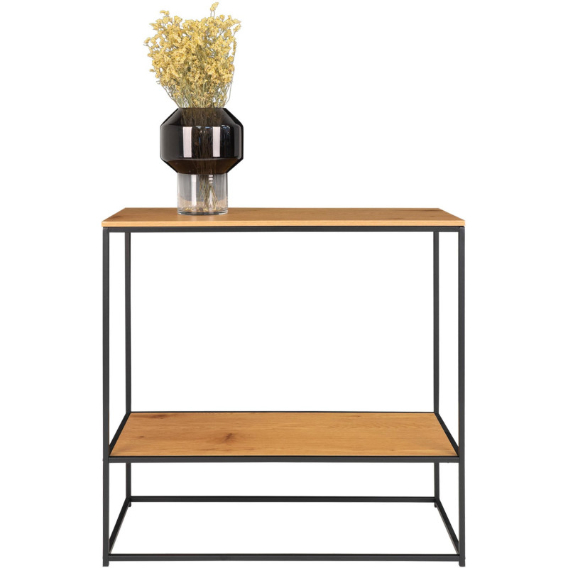 Console moderne Rectangulaire 1 étagère Métal Noir Panneau de particules Feuille de mélamine Naturel Effet chêne Vita 