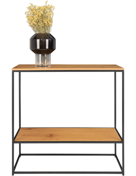 Console moderne Rectangulaire 1 étagère Métal Noir Panneau de particules Feuille de mélamine Naturel Effet chêne Vita 