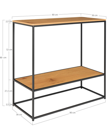 Console moderne Rectangulaire 1 étagère Métal Noir Panneau de particules Feuille de mélamine Naturel Effet chêne Vita 