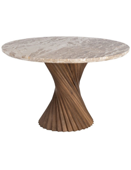 Table à manger ronde 120 cm marbre beige pied torsadé bois Torsia
