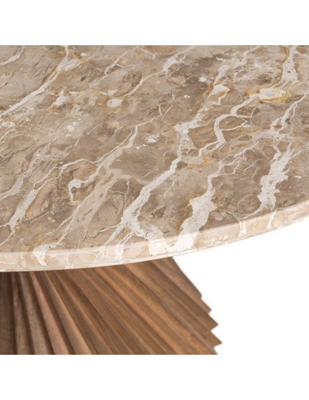 Table à manger ronde 120 cm marbre beige pied torsadé bois Torsia