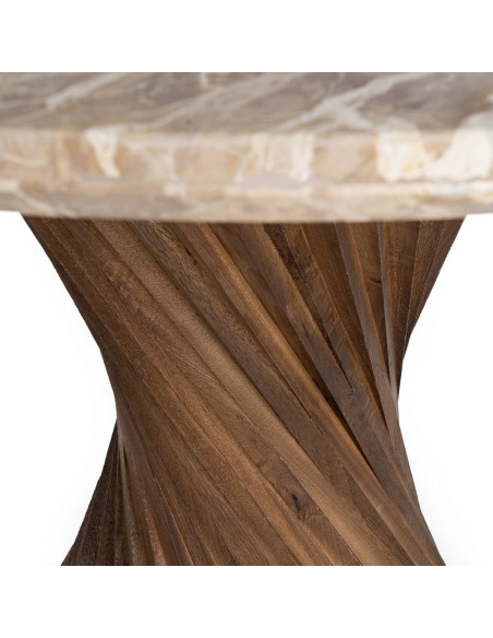 Table à manger ronde 120 cm marbre beige pied torsadé bois Torsia