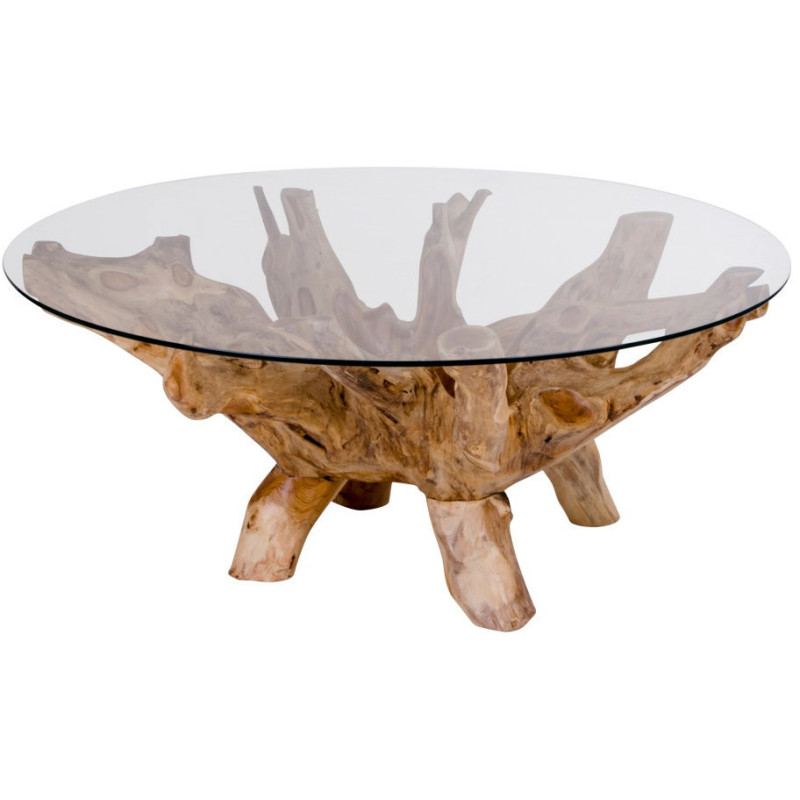 Table basse ronde verre et bois de teck Ø110 x H50 cm Amazonas 
