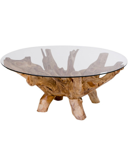 Table basse ronde verre et bois de teck Ø110 x H50 cm Amazonas 