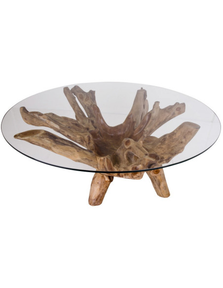Table basse ronde verre et bois de teck Ø110 x H50 cm Amazonas 