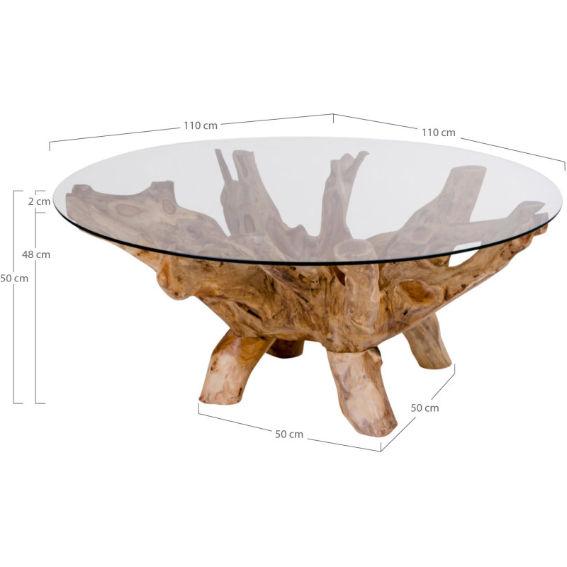 Table basse ronde verre et bois de teck Ø110 x H50 cm Amazonas 