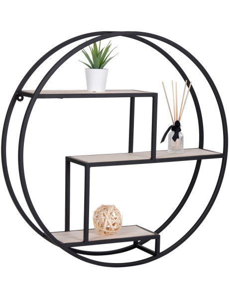 Étagère murale ronde 3 niveaux Métal Noir Bois de paulownia Naturel Rotterdam 