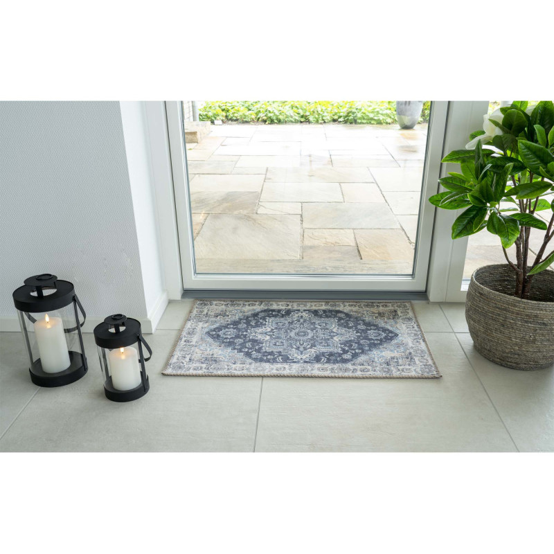 Tapis d'entrée oriental Rectangulaire 50x80 Chenille Polyester Bleu Havana 