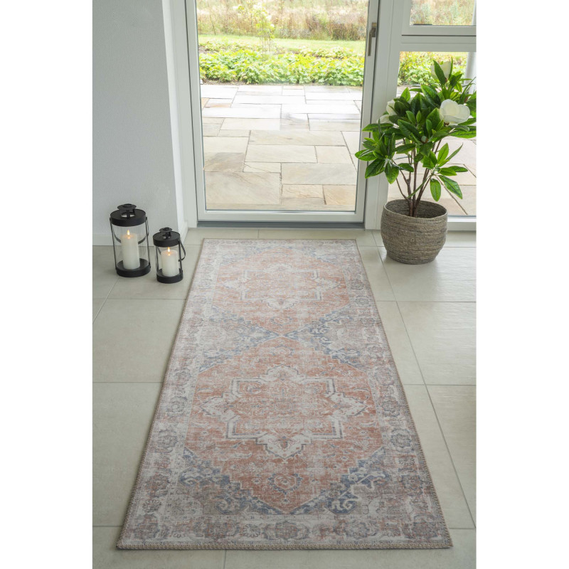 Grand Tapis de couloir oriental Rectangulaire 80x200 Chenille Polyester Orange Bleu Havana 