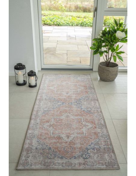 Grand Tapis de couloir oriental Rectangulaire 80x200 Chenille Polyester Orange Bleu Havana 
