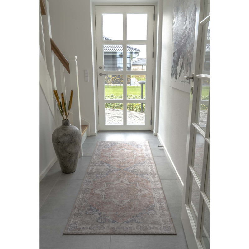 Grand Tapis de couloir oriental Rectangulaire 80x200 Chenille Polyester Orange Bleu Havana 