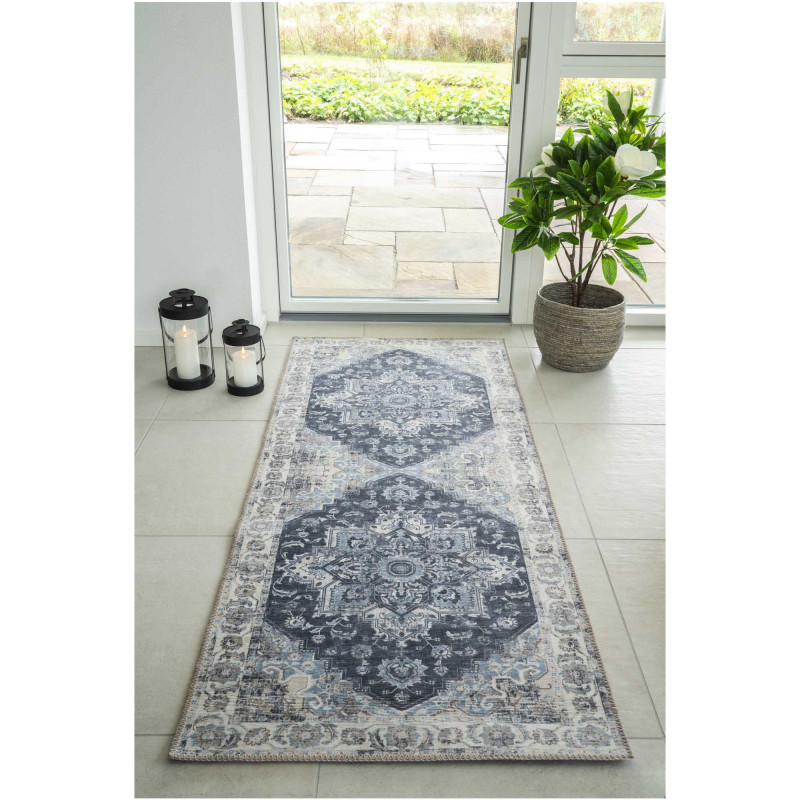 Grand Tapis de couloir oriental Rectangulaire 80x200 Chenille Polyester Bleu Havana 