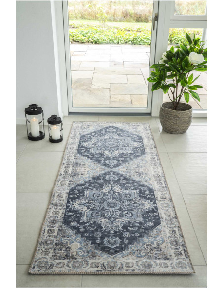 Grand Tapis de couloir oriental Rectangulaire 80x200 Chenille Polyester Bleu Havana 