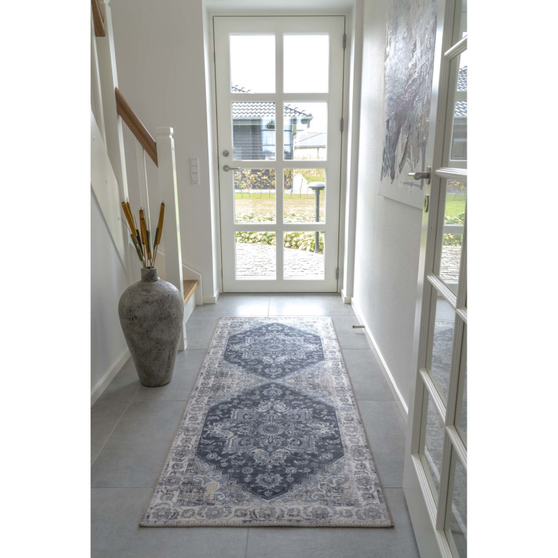 Grand Tapis de couloir oriental Rectangulaire 80x200 Chenille Polyester Bleu Havana 