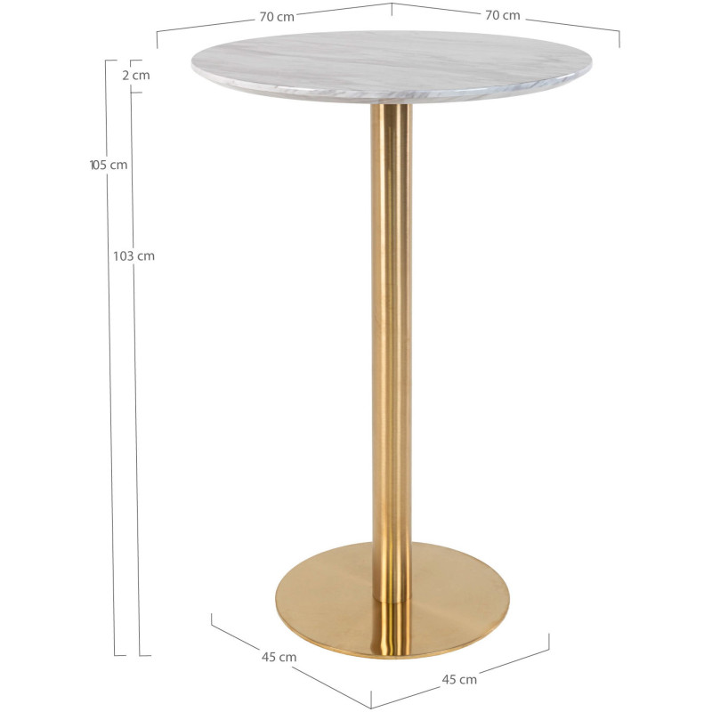 Table haute Mange debout moderne Ronde Bois MDF Blanc Effet marbre Métal Doré Effet laiton Bolzano 