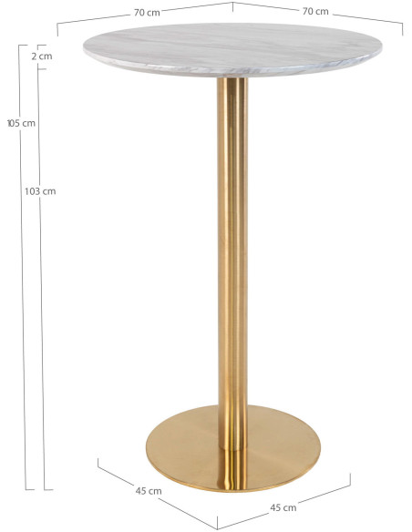Table haute Mange debout moderne Ronde Bois MDF Blanc Effet marbre Métal Doré Effet laiton Bolzano 