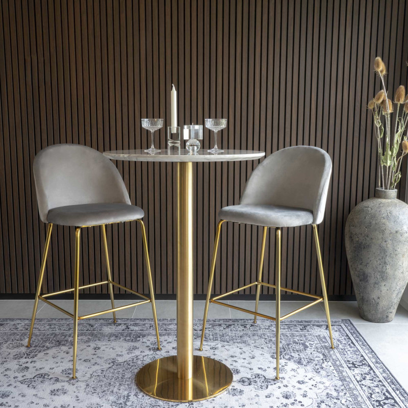 Table haute Mange debout moderne Ronde Bois MDF Blanc Effet marbre Métal Doré Effet laiton Bolzano 