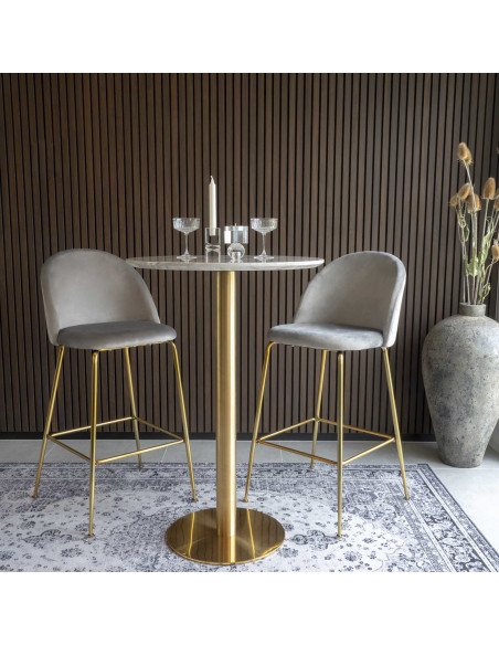 Table haute Mange debout moderne Ronde Bois MDF Blanc Effet marbre Métal Doré Effet laiton Bolzano 