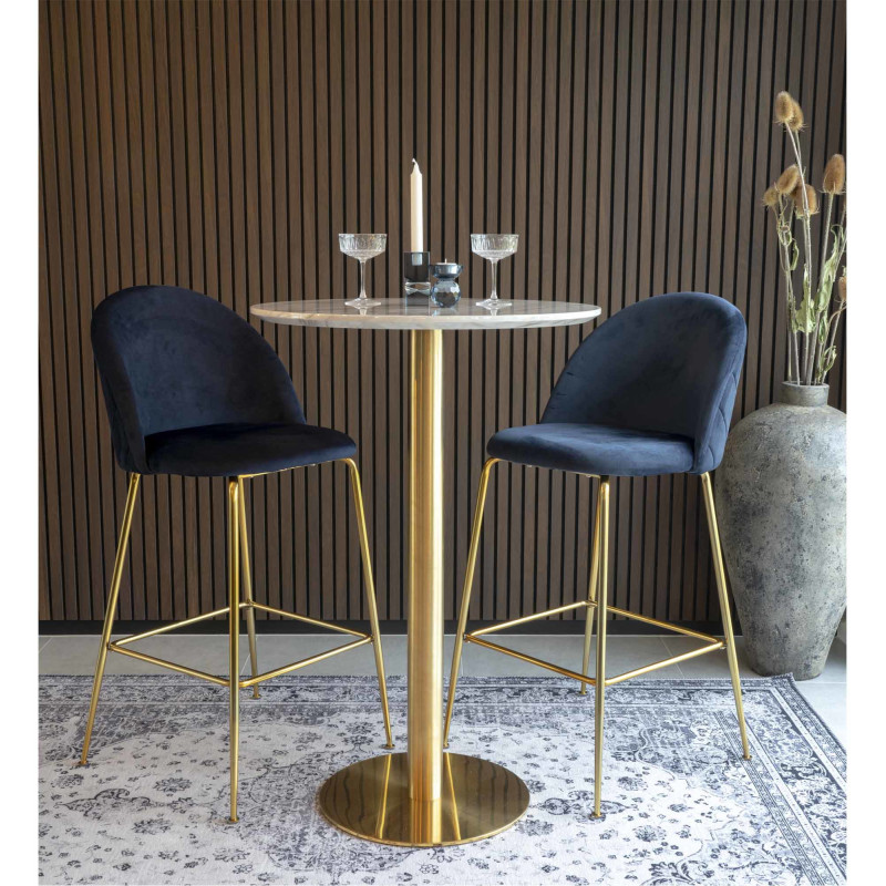 Table haute Mange debout moderne Ronde Bois MDF Blanc Effet marbre Métal Doré Effet laiton Bolzano 