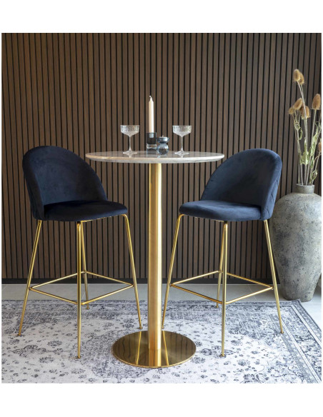 Table haute Mange debout moderne Ronde Bois MDF Blanc Effet marbre Métal Doré Effet laiton Bolzano 