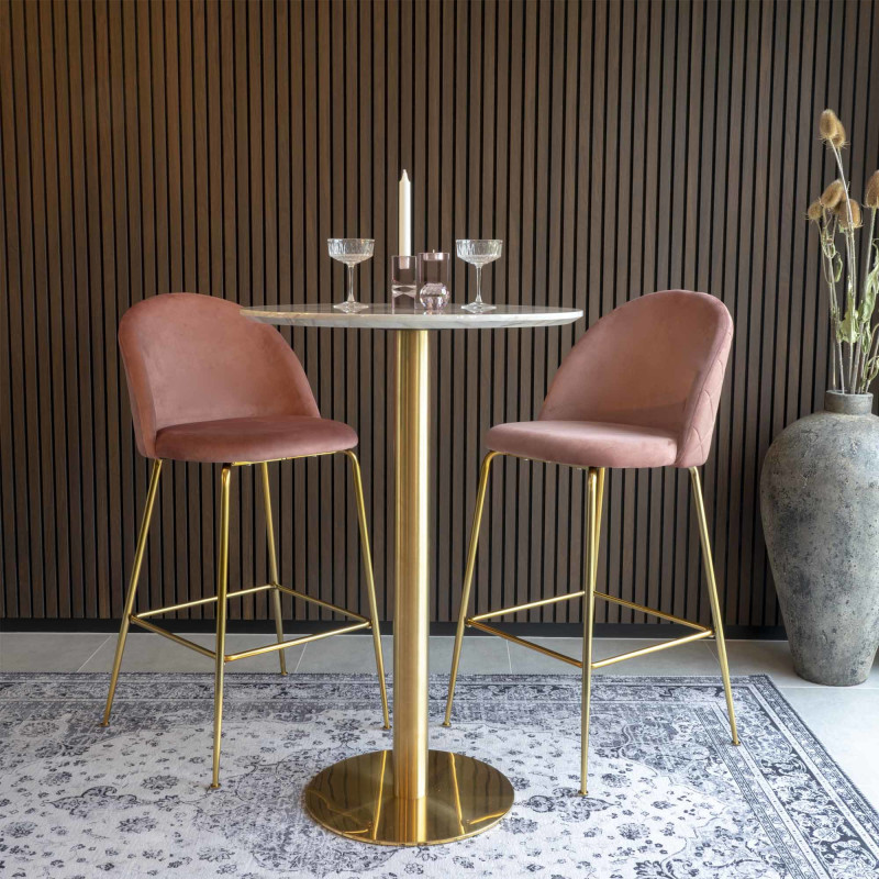 Table haute Mange debout moderne Ronde Bois MDF Blanc Effet marbre Métal Doré Effet laiton Bolzano 