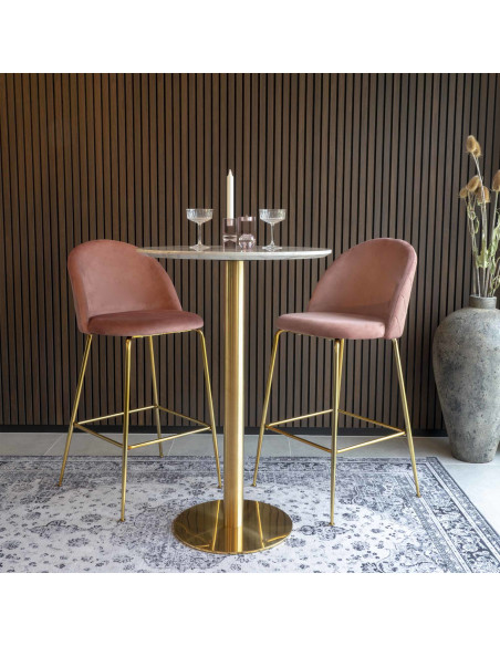 Table haute Mange debout moderne Ronde Bois MDF Blanc Effet marbre Métal Doré Effet laiton Bolzano 