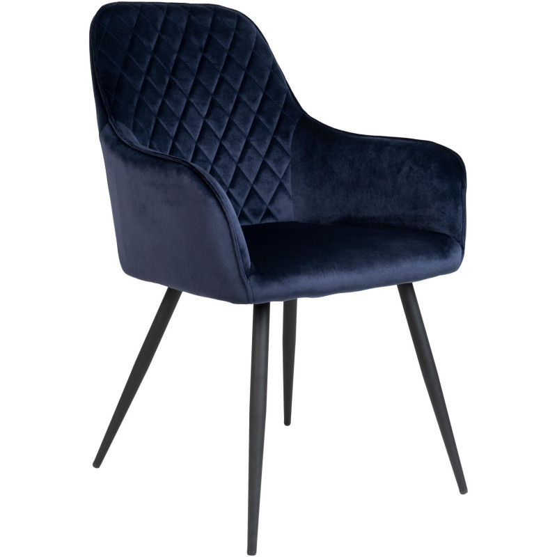 Fauteuil de table matelassé Velours Bleu Métal Noir Harbo (Lot de 2) 