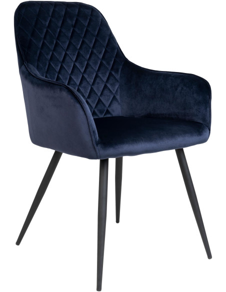 Fauteuil de table matelassé Velours Bleu Métal Noir Harbo (Lot de 2) 