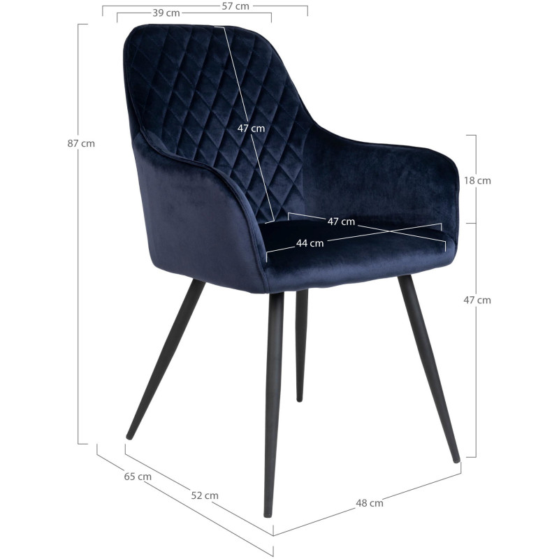 Fauteuil de table matelassé Velours Bleu Métal Noir Harbo (Lot de 2) 