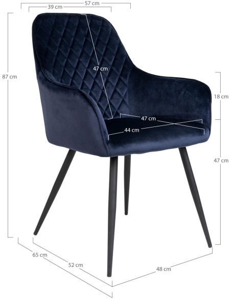 Fauteuil de table matelassé Velours Bleu Métal Noir Harbo (Lot de 2) 