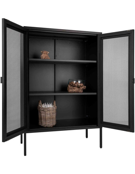Petit Buffet Vitrine grillage Bas 2 portes Métal Noir Melbourne 