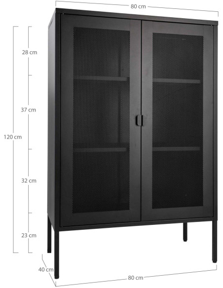 Petit Buffet Vitrine grillage Bas 2 portes Métal Noir Melbourne 