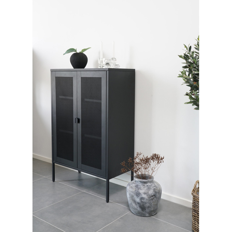 Petit Buffet Vitrine grillage Bas 2 portes Métal Noir Melbourne 