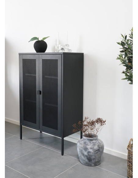 Petit Buffet Vitrine grillage Bas 2 portes Métal Noir Melbourne 