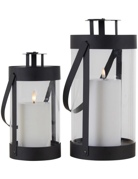 Lanterne Photophore moderne pour bougie Métal Noir Verre Transparent Bondi (Lot de 2) 