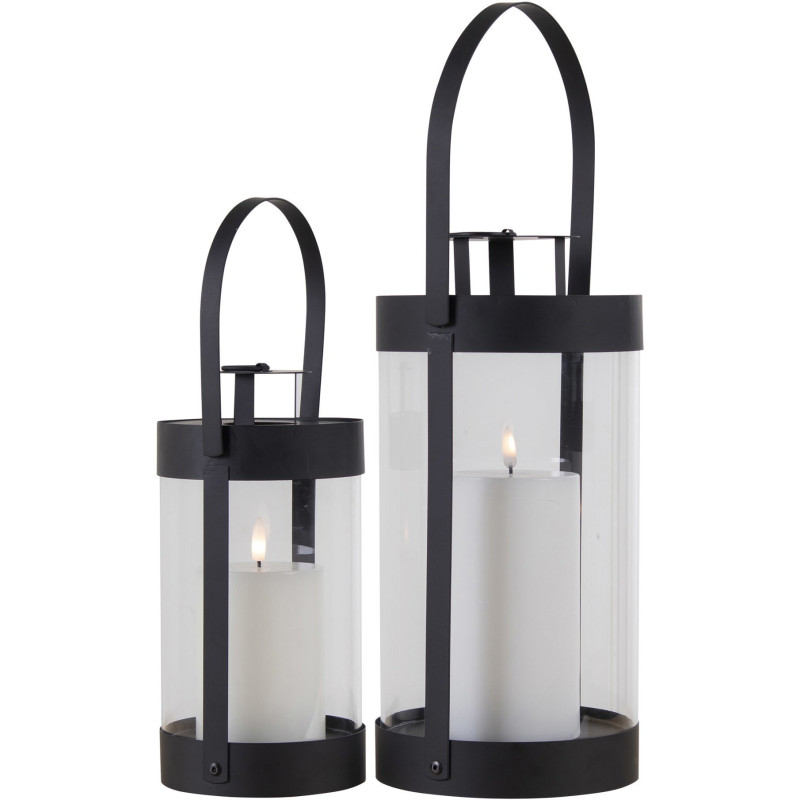Lanterne Photophore moderne pour bougie Métal Noir Verre Transparent Bondi (Lot de 2) 