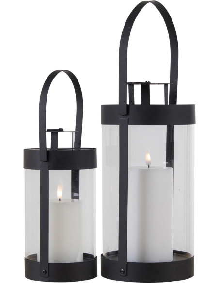 Lanterne Photophore moderne pour bougie Métal Noir Verre Transparent Bondi (Lot de 2) 