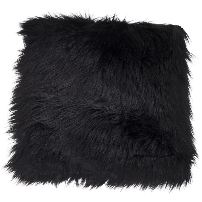 Coussin Peau de mouton poils longs Carré 40x40 Fausse fourrure Noir Lambskin 