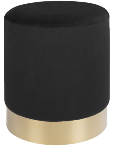 Pouf moderne chic Rond Velours Noir Métal Doré Effet laiton Gamby 