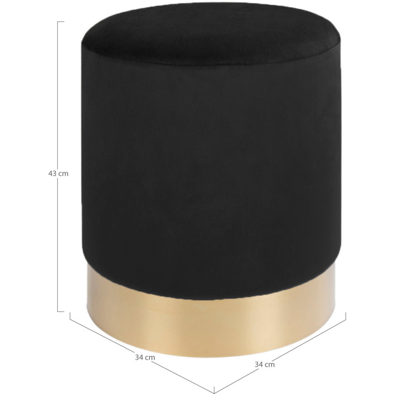 Pouf moderne chic Rond Velours Noir Métal Doré Effet laiton Gamby 